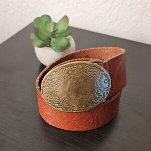 Brown Leather Belt with Ornate Gold Buckle